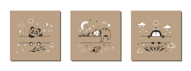 A set of modern templates for birthday invitations, party invitations, covers, and banners with hand-drawn fun characters with space for your message. Vector illustrations.