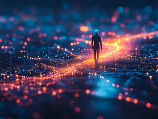 Man walking on an abstract illuminated path in a surreal digital landscape