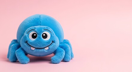 Cute blue spider plush toy with a happy smile on a soft pink background for children's designs