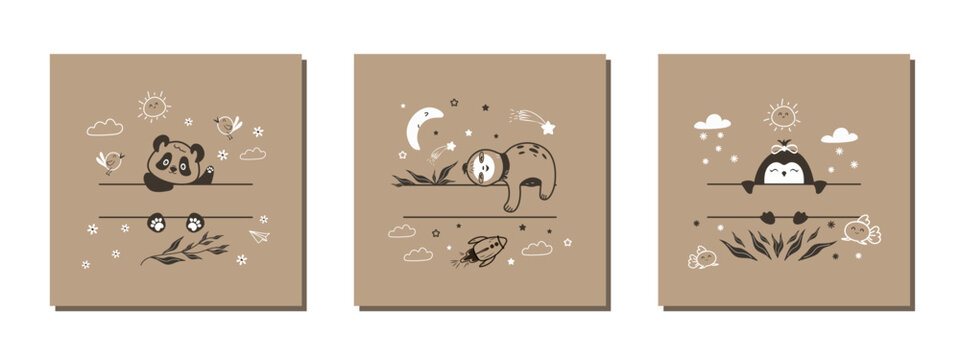 A set of modern templates for birthday invitations, party invitations, covers, and banners with hand-drawn fun characters with space for your message. Vector illustrations. - Powered by Adobe