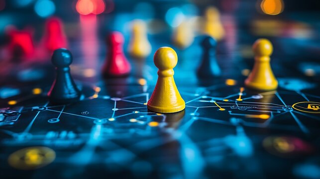 Strategy game board with colourful pawns and intricate tech design element