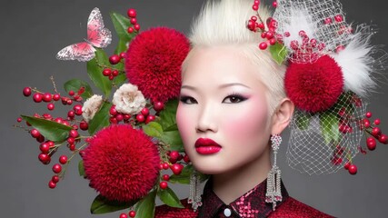 Woman portrait with festive floral hair arrangement in red, a decorative portrait is perfect for unique video content. Model showcases flowers and berries in vibrant colors against neutral backdrop - Powered by Adobe