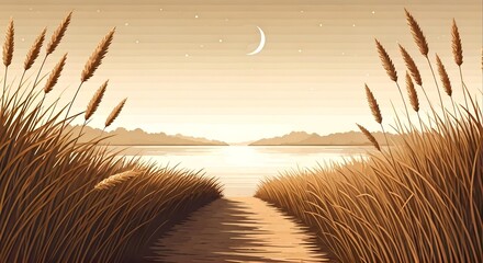 Serene landscape of a winding path through tall reeds towards a calm lake at sunset with a crescent moon in the sky.