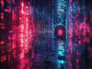 Futuristic data stream corridor with vibrant neon colors and digital atmosphere