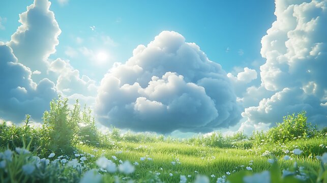 Idyllic meadow with flowers under a blue sky filled with fluffy clouds