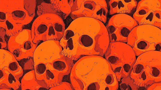 A vibrant collection of skulls in various sizes and shapes fills the scene, all rendered in bright orange hues, creating an intense visual impact.
