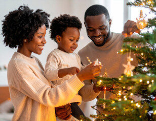 African american family decorating christmas tree together at home