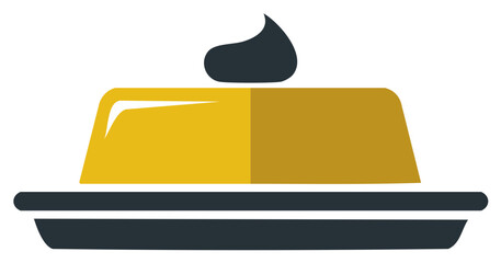 Flat design icon of a creme caramel dessert, flan pudding with a garnish on a plate