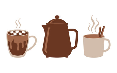 Set of cozy hot chocolate and coffee illustrations with a pot, marshmallows, and cinnamon sticks.