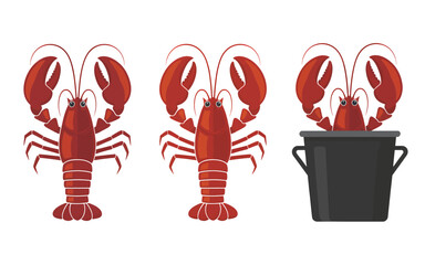 A set of three vector illustrations of a red lobster, with one depicted in a black cooking pot.