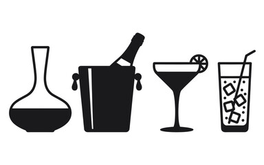 A set of four black silhouette icons representing alcoholic beverages: a wine decanter, champagne in a bucket, a cocktail glass, and a highball drink.
