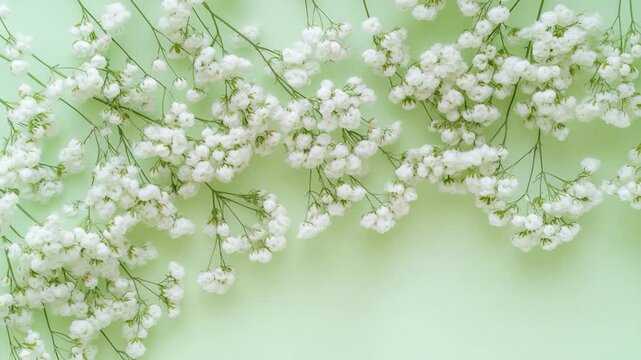 A bouquet of white baby's breath flowers against a bright green background, great for wedding or event decorations