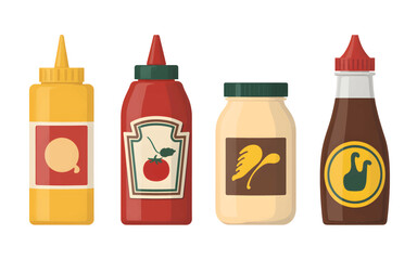 A set of four classic condiment bottles: mustard, ketchup, mayonnaise, and soy sauce, isolated on a white background.