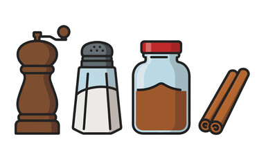 A set of common kitchen seasonings including a pepper mill, salt shaker, spice jar, and cinnamon sticks.