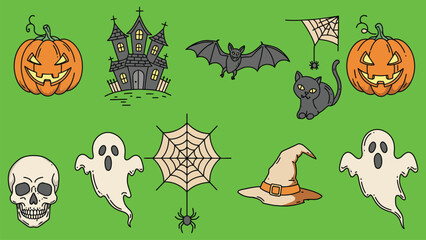 halloween seamless pattern with icons of pumpkin bat cat ghost witch spider skull and monster on green background