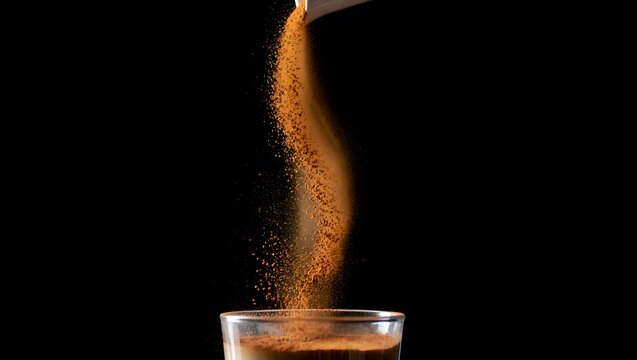 Brown powder pouring into glass container on black