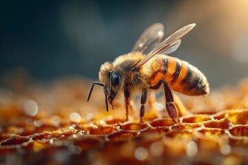 Proud Leader Bee Surveying Golden Honeycomb in a Sunlit Hive Generative AI