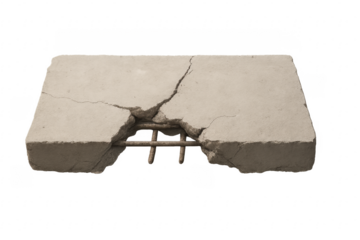 Broken concrete slab showing exposed rebar reinforcement