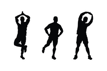 Young man doing morning exercises on white background, collage design, silhouette vector illustration.