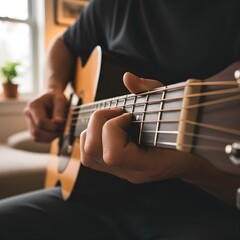 Person playing guitar in an intimate setting. Focus on hands on strings, musical expression, and instrument detail, capturing passion, creativity, and the joy of music.