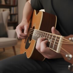 Person playing guitar in an intimate setting. Focus on hands on strings, musical expression, and instrument detail, capturing passion, creativity, and the joy of music.