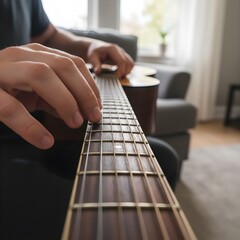 Person playing guitar in an intimate setting. Focus on hands on strings, musical expression, and instrument detail, capturing passion, creativity, and the joy of music.