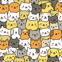 Cute Seamless Pattern of Cartoon Cats and Dogs