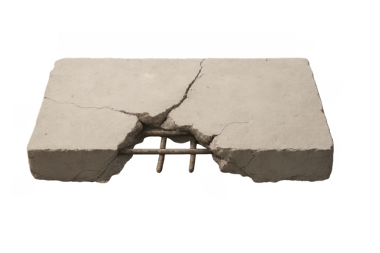 Broken concrete slab showing exposed rebar reinforcement