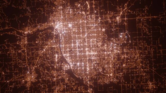 Tulsa (Oklahoma, USA) aerial view at night. Top view on modern city with glow effect. Camera is zooming out, rotating counterclockwise