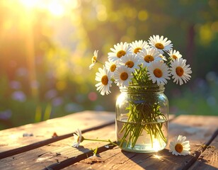 Bouquet of daisies in a jar bathed in sunlight