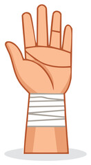 Obraz premium Cartoon illustration of a hand with a bandaged wrist for medical support and injury recovery