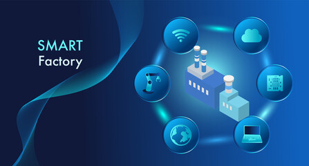 Industry 4.0 concept with icons of automation, big data, cloud computing, connection, iot, system integration.