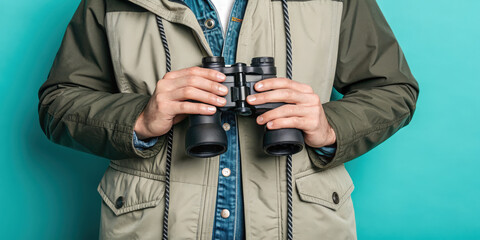 Man holding binoculars travel adventure exploring nature outdoor equipment observation sighting