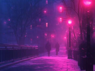Enigmatic urban promenade bathed in ethereal magenta and azure nocturnal mist