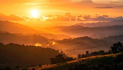 Glowing Orange Sky over Silhouetted Trees at Twilight in Serene Hillside Scenery Landscape with Peaceful Minimalistic Scenery