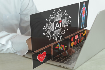 A doctor uses a laptop with a futuristic UI for AI-powered medical diagnostics. A concept for HealthTech, machine learning, and analyzing patient data from organs, DNA, and vitals.