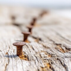 Closeup Rusty Nails On Weathered Plank Wood
