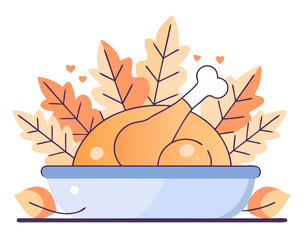 Thanksgiving roasted turkey vector illustration with autumn leaves decoration in flat cartoon style