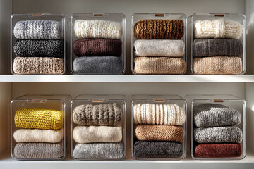 Wool sweaters neatly folded in transparent plastic boxes on shelves in the wardrobe. Clothing storage and space organization concept. Interior design view for poster, presentation, visual material 