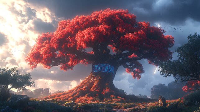 Enchanting digital rendition of a fantastical tree with vibrant red foliage