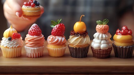 Delightful assortment of gourmet cupcakes with vibrant fruit toppings on wooden board
