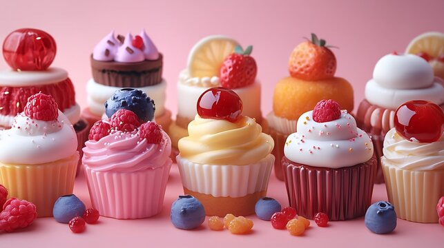 Delightful assortment of colorful cupcakes arranged on a soft pink surface