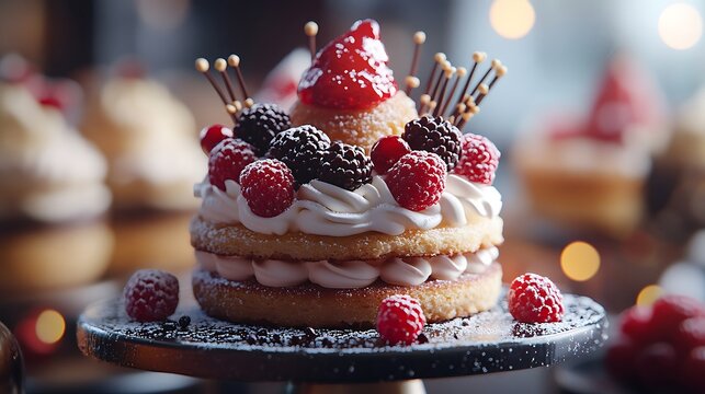 Indulgent berry cake creation with delicate frosting and chocolate accents - Powered by Adobe