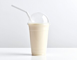 Blank plastic milkshake cup with dome lid and straw on white background, isolated mockup for beverage branding and packaging design presentation.