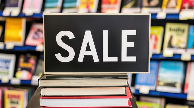 Bookstore sale promotion with 'SALE' sign on a stack of books, blurred bookshelves in the background, offering discounts
