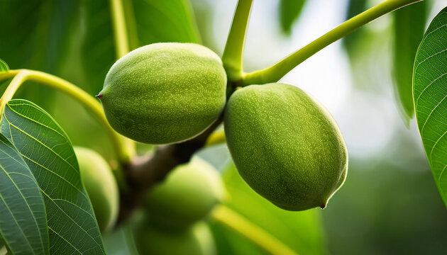 Intricate Extreme Close Up Of A Walnut Tree Branch Featuring Vivid Ripe Green Walnuts Poised For Blooming Against A Soft Natural Backdrop