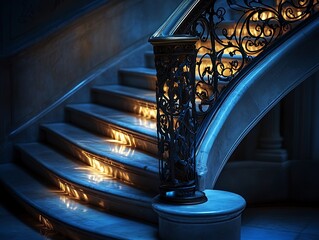 Elegant staircase illuminated with warm light cascading down in a classic style