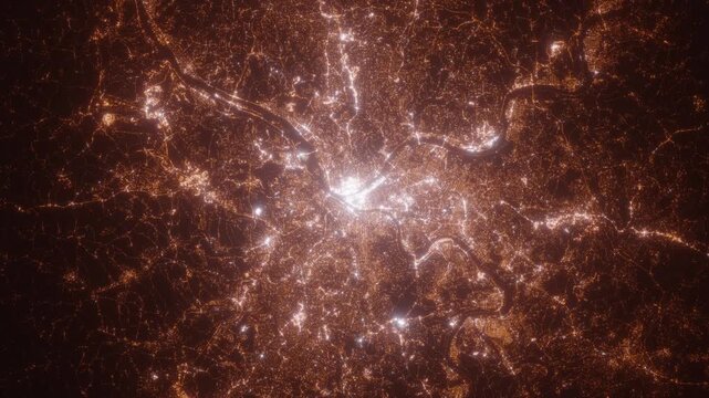 Pittsburgh (Pennsylvania, USA) aerial view at night. Top view on city from space. Camera is zooming in, rotating clockwise