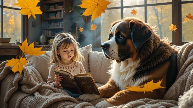 Little caucasian girl reading book beside giant saint bernard dog indoors, autumn leaves decoration on wall, warm cozy light. Concept of childhood and friendship