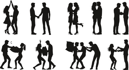 Couple silhouette, relationship pose, emotional interaction, romantic moment, conflict scene, dancing pair, vector icon, black illustration, expressive artwork